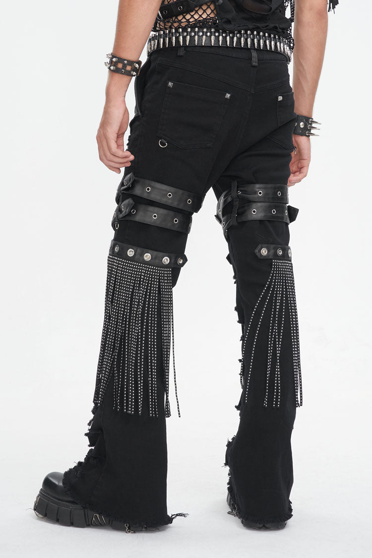 Black High Waisted Ripped Detachable Tassels  Men's Punk Pants - Product - 4