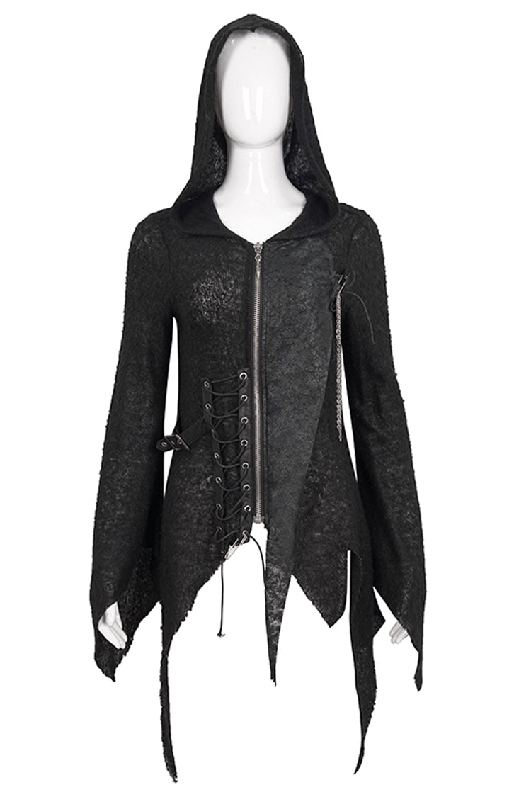 Black Vintage Hooded With Leather Details Women's Punk Jackets - Product - 4