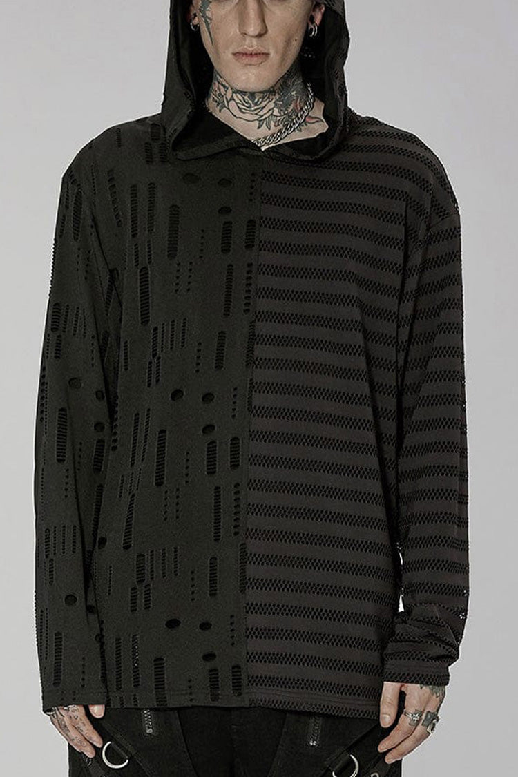 Black Punk Personality Left-Right Asymmetrical Knitted Stitching Casual Hooded Men's T-Shirt - Black - 1