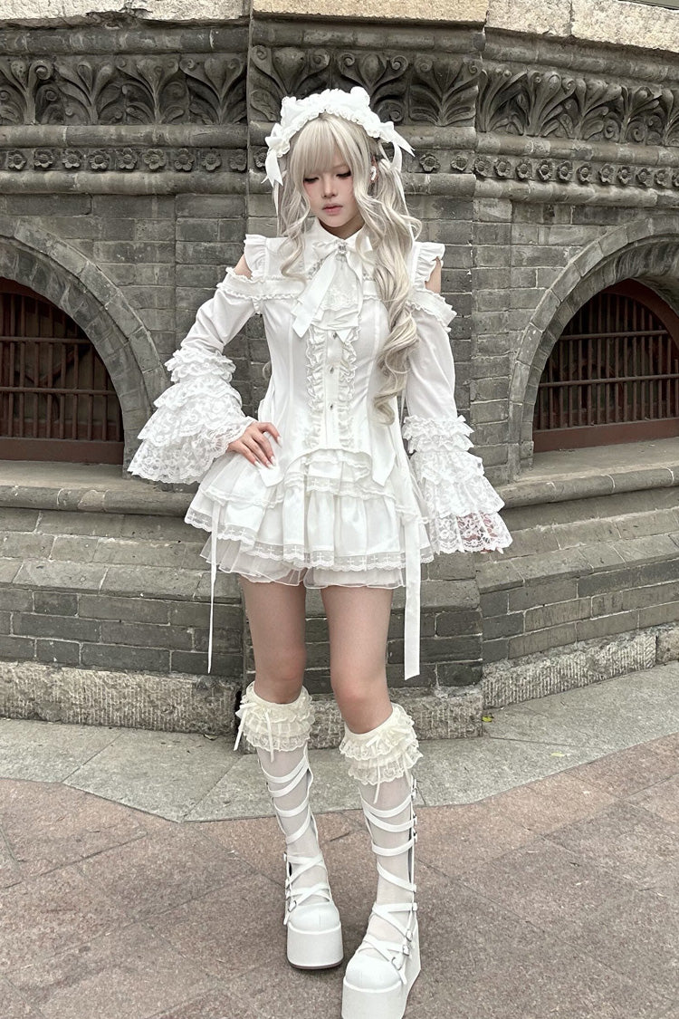 White [Snowy Night Princess] Lapel Collar Long Hime Sleeves Ruffled Bow Lace Gothic Jirai Kei Japanese Skirt Set - Product - 19
