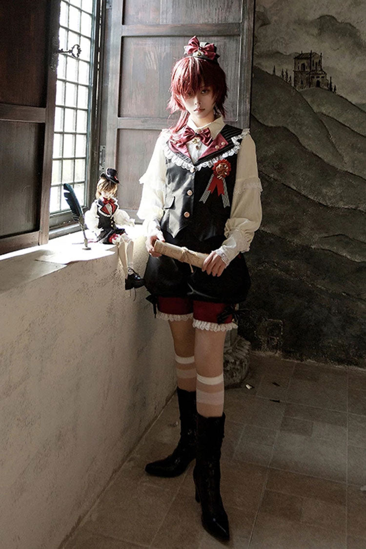 Red/Black [Candy Shop] V Collar Sleeveless Bow Lace Sweet Ouji Lolita Shorts Vest Set - Product - 7