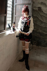 Red/Black [Candy Shop] V Collar Sleeveless Bow Lace Sweet Ouji Lolita Shorts Vest Set - Product - 7