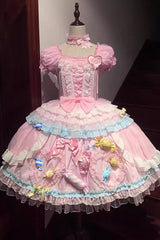 Pink [Candy Party] Short Sleeves Multi-Layered Ruffled Bow Lace Lace-Up Sweet Lolita Dress - Product - 3