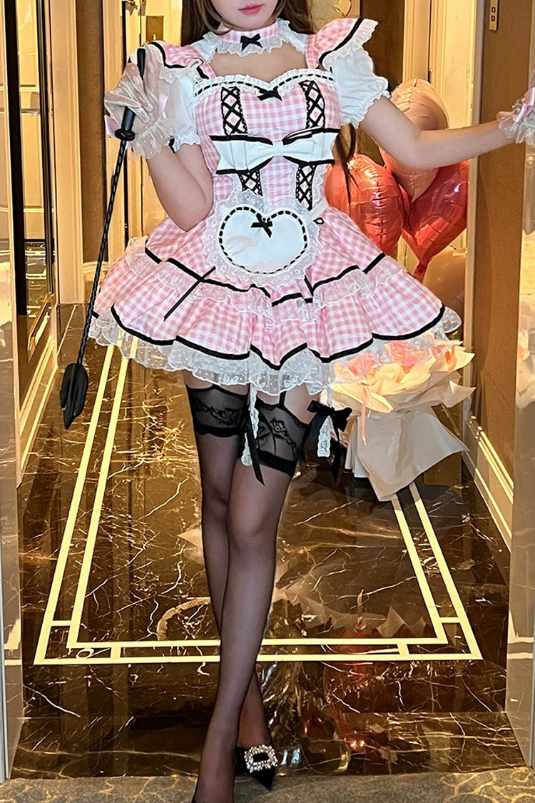 Pink [Girlish Plaid] Square Collar Short Sleeves Double-Layered Printed Ruffled Bow Lace Maid Sweet Lolita Dress - Product - 5