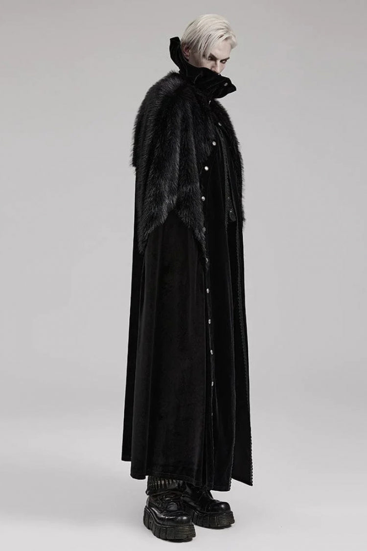 Black Stand Collar Ruffle Irregular Plush Stitching Mens Gothic Gorgeous Cloak - Product - 3