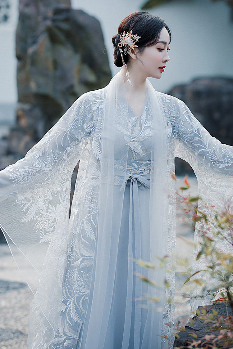 Fairy-Like Ancient Chinese Inspired Long Sleeves Embroidered Casual Hanfu Dress Set 3 Colors - Product - 8