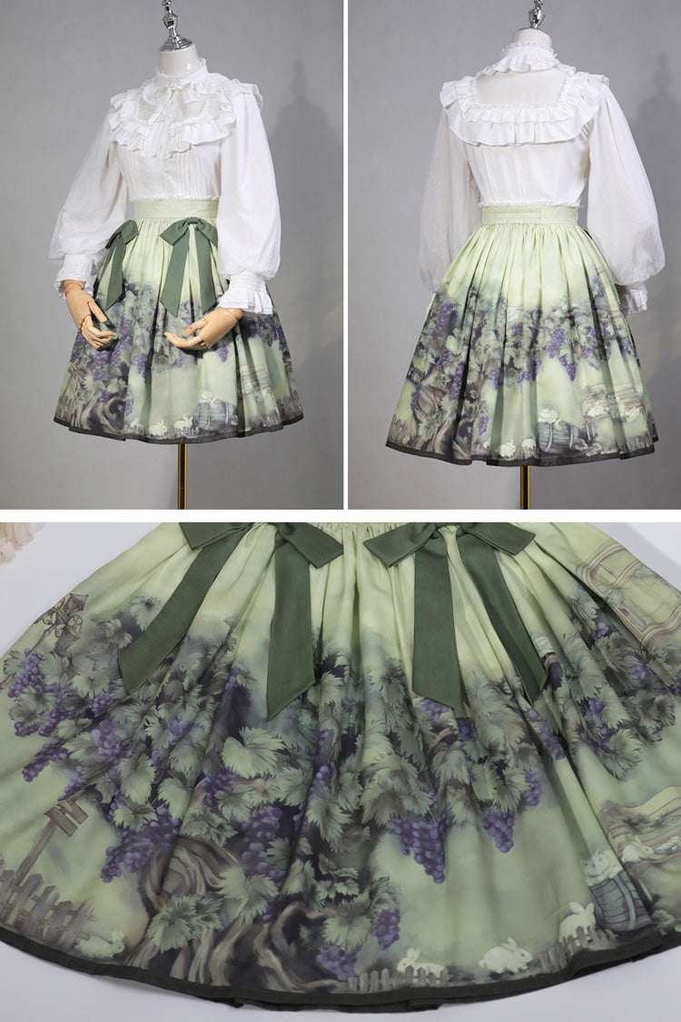 Green Grapes and Vines Print Bowknot Lolita Skirt - Product - 2