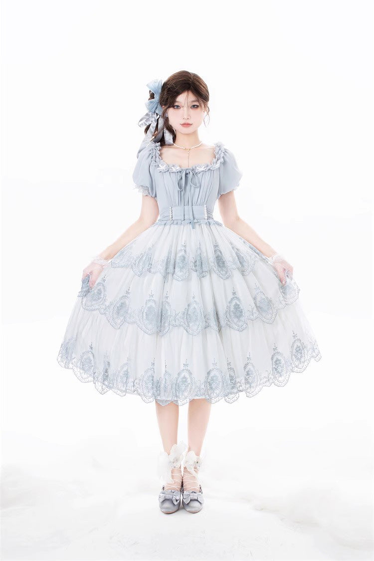 Light Blue Flower Promise Short Sleeves Multi-layer Print Sweet Elegant Princess Lolita Dress - Product - 6