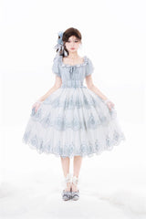 Light Blue Flower Promise Short Sleeves Multi-layer Print Sweet Elegant Princess Lolita Dress - Product - 6