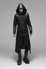 Black Stand Collar Stretch Twill Fabric Hooded Men's Gothic Long Jacket - Product - 3