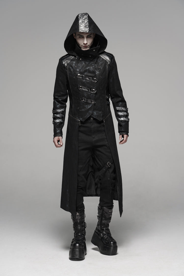 Black Stand Collar Stretch Twill Fabric Hooded Men's Gothic Long Jacket - Product - 3