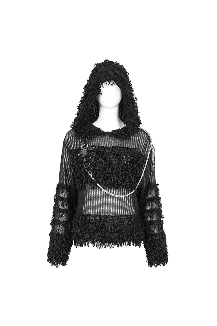Black Segmented Mesh Matching Chain Women's Punk Hooded Sweater - Product - 7