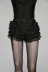 Black Multi-Layered Embroidered Lace Lace-Up Pleated Women's Gothic Shorts - Product - 6