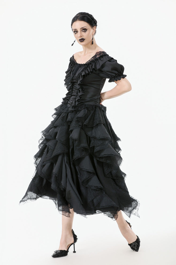 Black Square Collar Short Sleeves Ruffled Lace Lace-Up Women's Gothic Rococo Corset Top - Product - 2