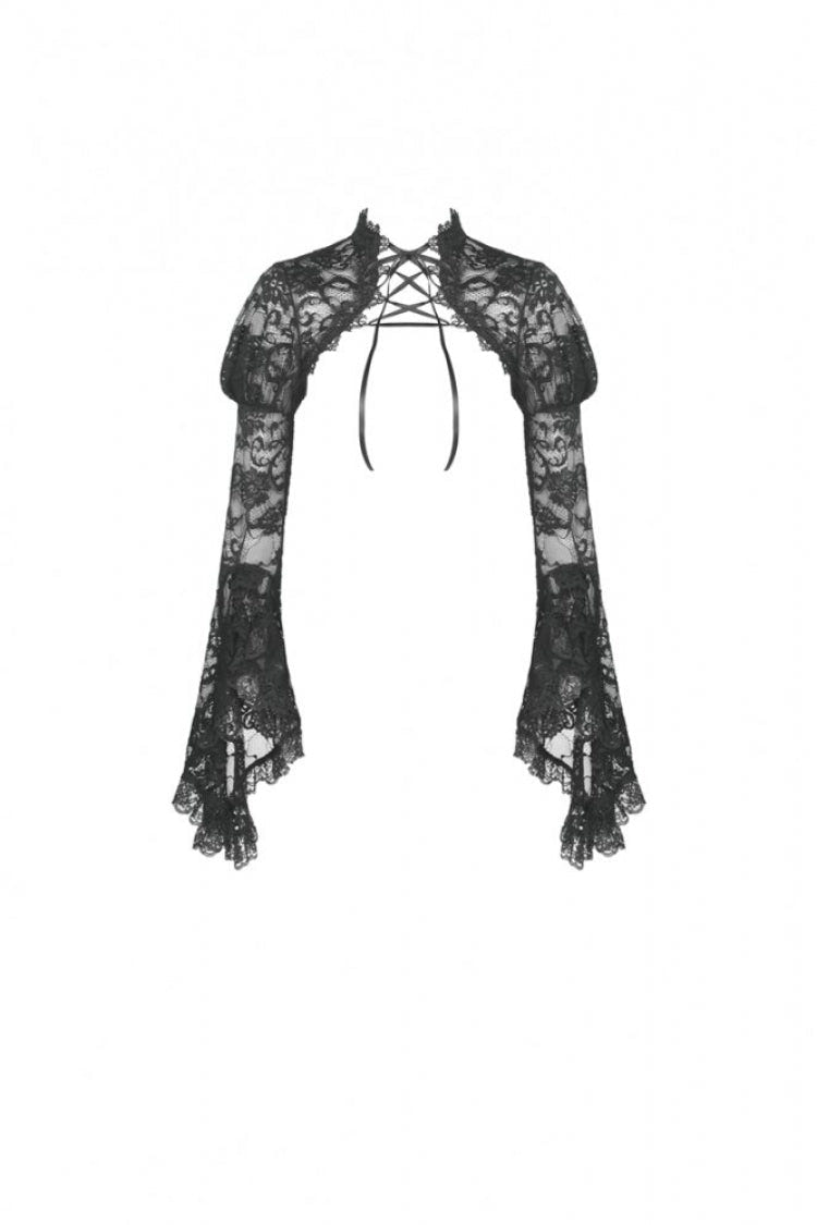 Black Long Puff Sleeves Sheer Floral Lace Lace-Up Women's Gothic Cape - Product - 3