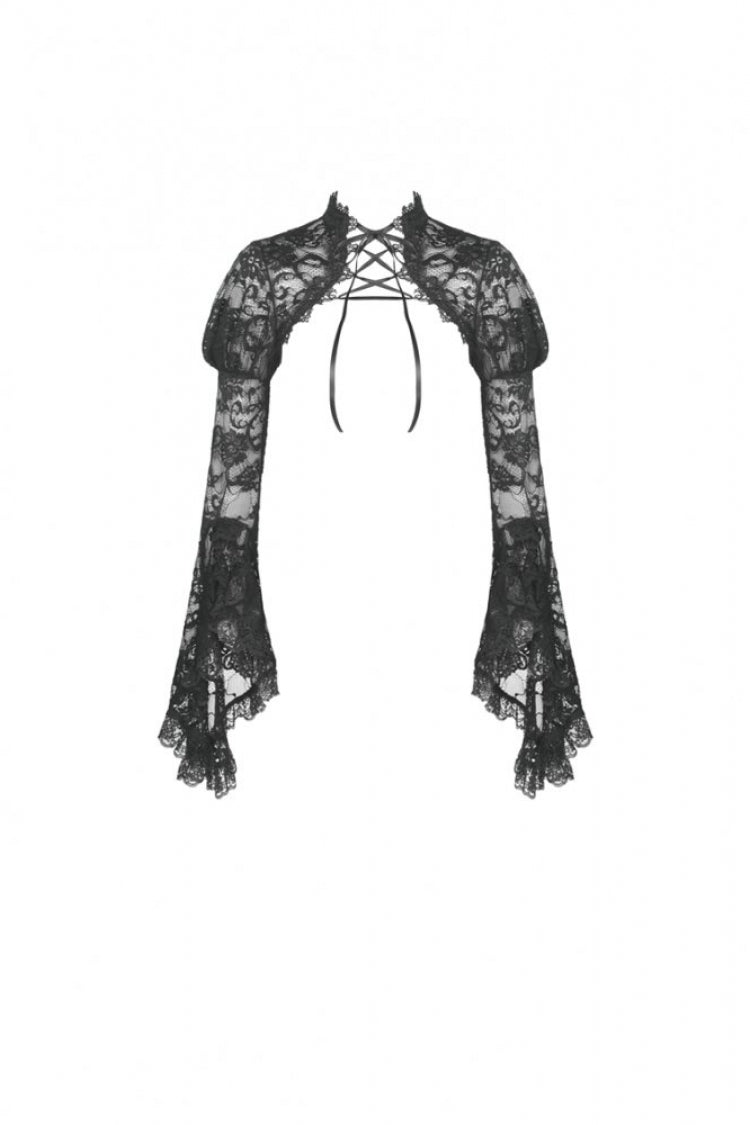 Black Long Puff Sleeves Sheer Floral Lace Lace-Up Women's Gothic Cape - Product - 3