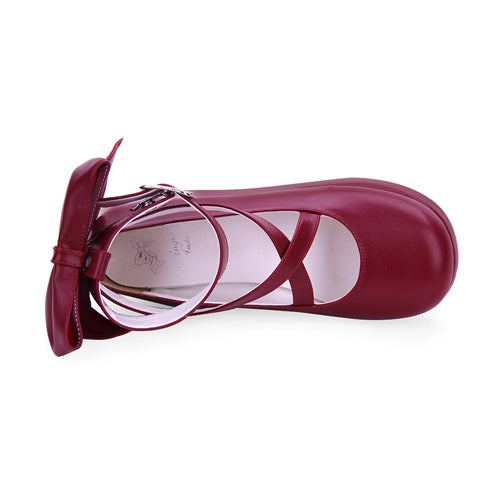 Round-toe Shallow Mouth Bowknot Cute Lolita Middle Heels Shoes - Product - 9
