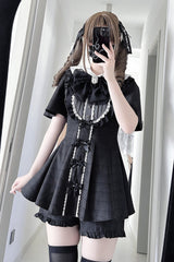 [Black Veil Pact] Short Sleeves Printed Ruffled Bow Gothic Jirai Kei Japanese Dress Shorts Set 2 Colors - Product - 2