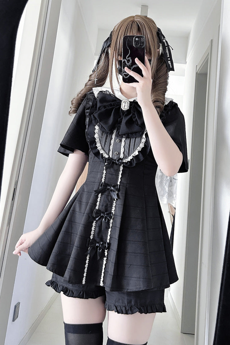 [Black Veil Pact] Short Sleeves Printed Ruffled Bow Gothic Jirai Kei Japanese Dress Shorts Set 2 Colors - Product - 2