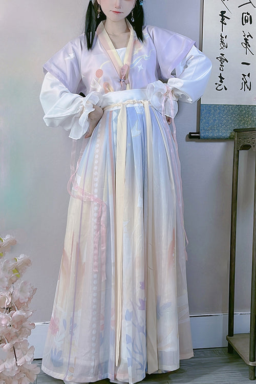Multi-Color Chinese Style Tang Dynasty Round Collar Print Sweet Hanfu Dress Full Set - Multi-Color - 1