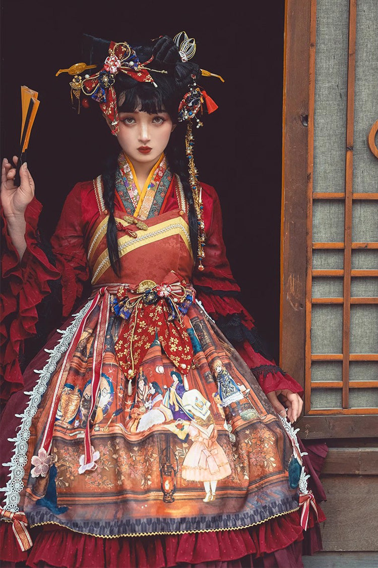 Multi-Color Nightmare Print Japanese Ruffle Bowknot Sweet Lolita Jsk Dress - Product - 2
