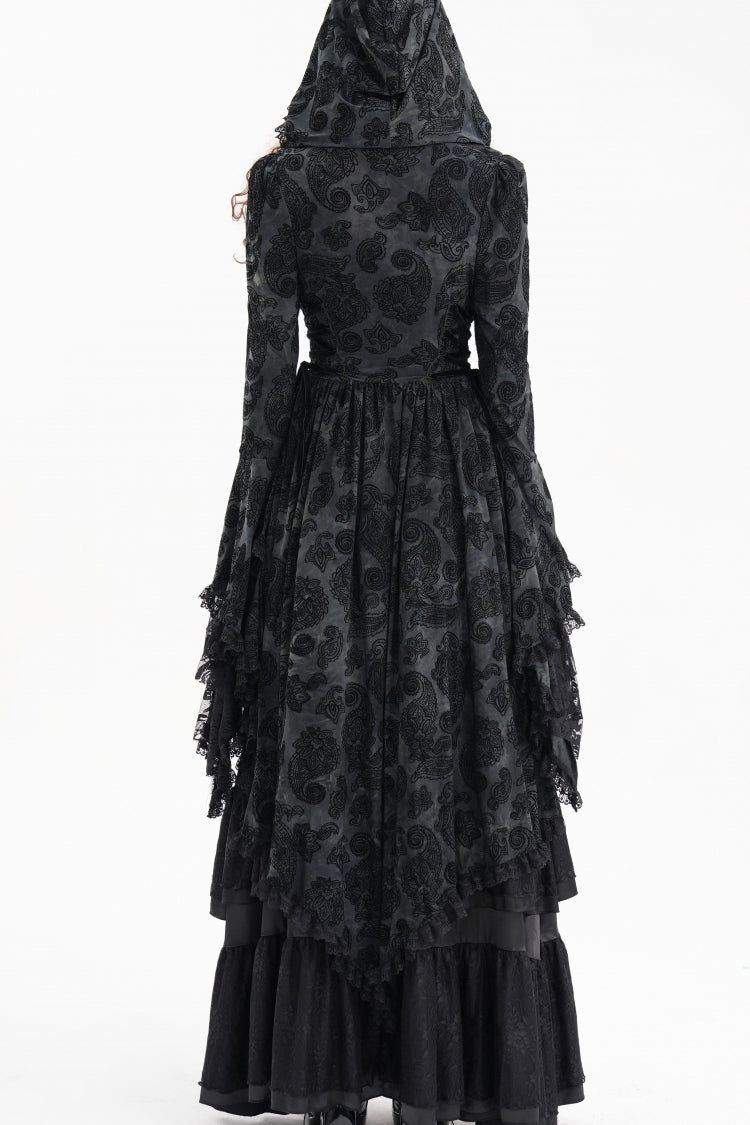 Black Long Trumpet Sleeves Multi-Layered Embroidery Lace Hooded Ripped Women's Gothic Jacket - Product - 5