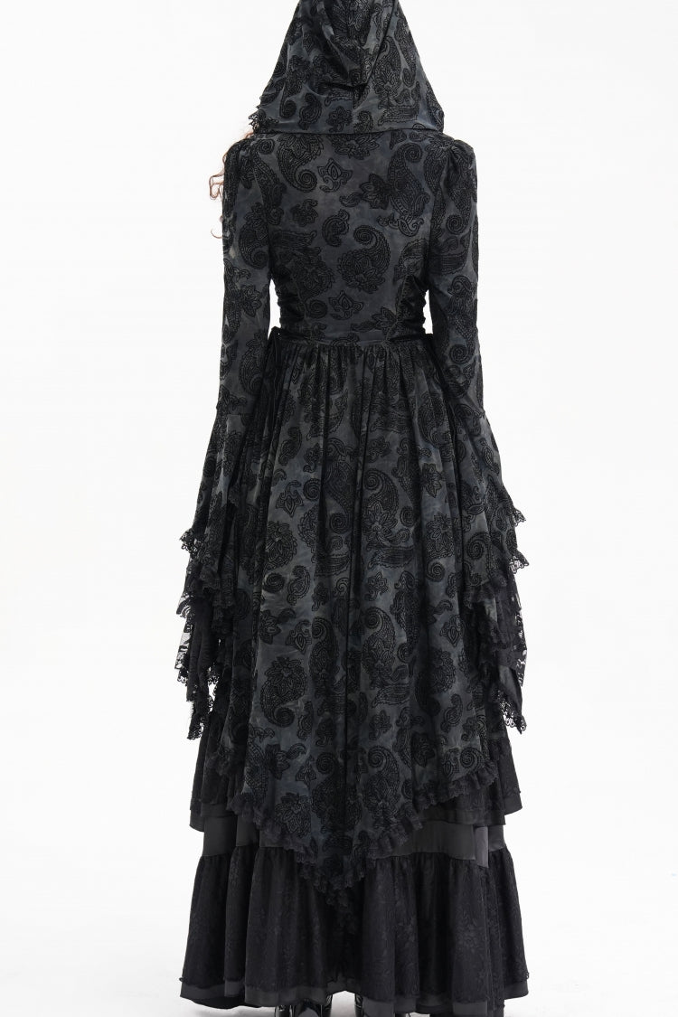 Black Long Trumpet Sleeves Multi-Layered Embroidery Lace Hooded Ripped Women's Gothic Jacket - Product - 5