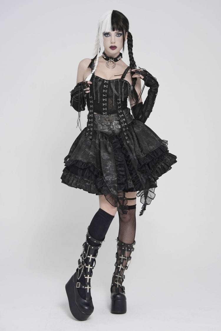 Black Off Shoulder Lace Lace-Up Slim Mesh Strappy Chain-Decorated Eyelet Women's Punk Corset - Product - 8