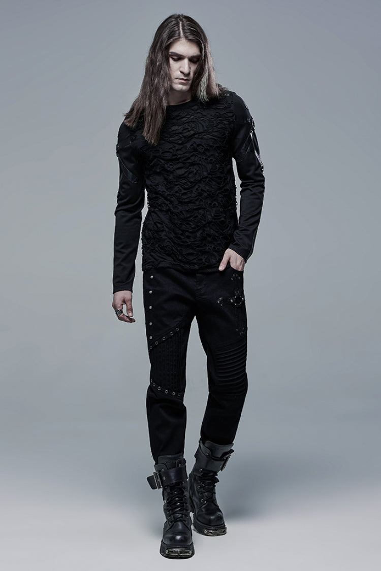 Black Cross Decoration Ripped Men's Steampunk Pants - Product - 4
