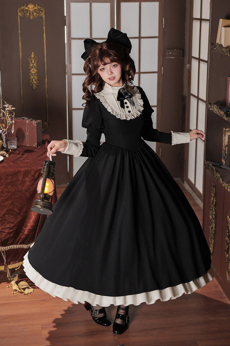 [Miss Lita] Stand Collar Long Lantern Sleeves Triple-Layered Ruffled Classic Elegant Maid Lolita Dress 2 Colors (Red, Black) - Black(Dress-Only) - 20