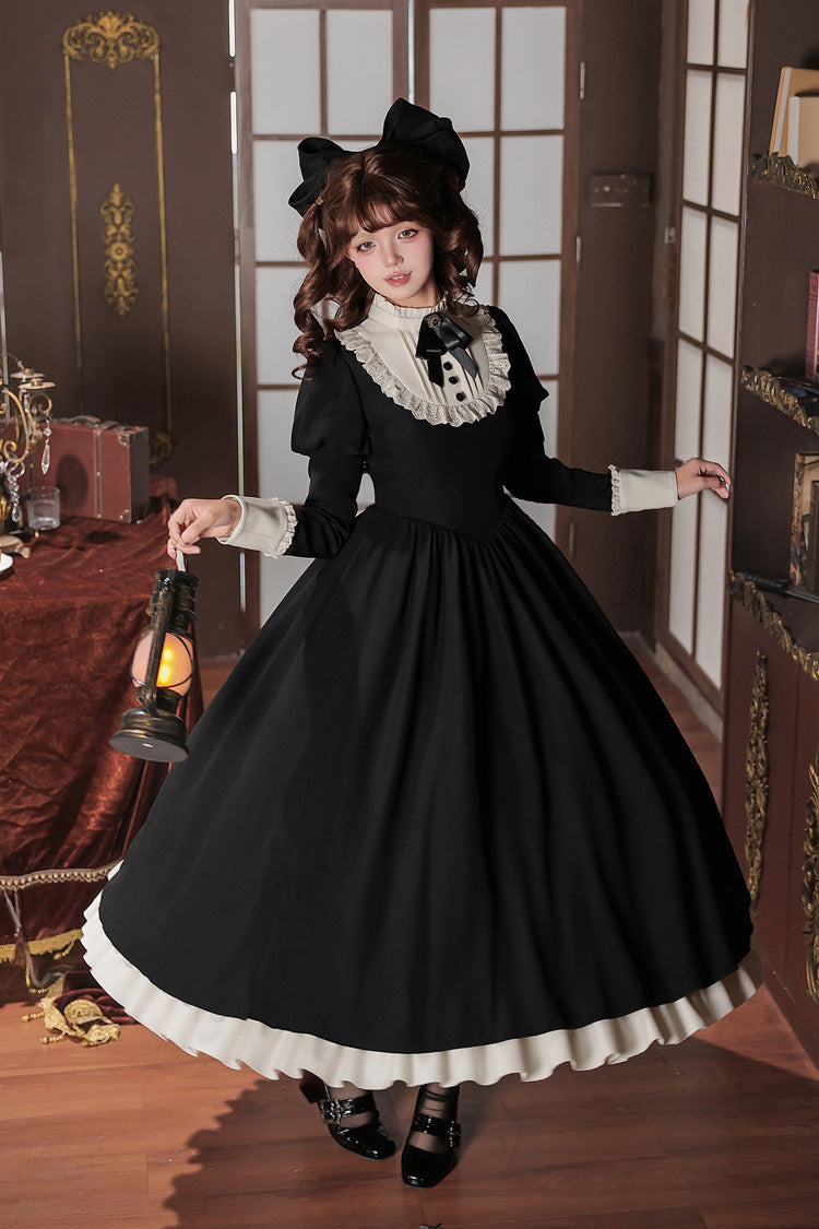[Miss Lita] Stand Collar Long Lantern Sleeves Triple-Layered Ruffled Classic Elegant Maid Lolita Dress 2 Colors (Red, Black) - Black(Dress-Only) - 20