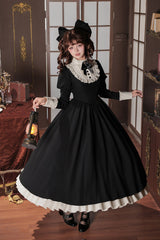 [Miss Lita] Stand Collar Long Lantern Sleeves Triple-Layered Ruffled Classic Elegant Maid Lolita Dress 2 Colors (Red, Black) - Black(Dress-Only) - 20