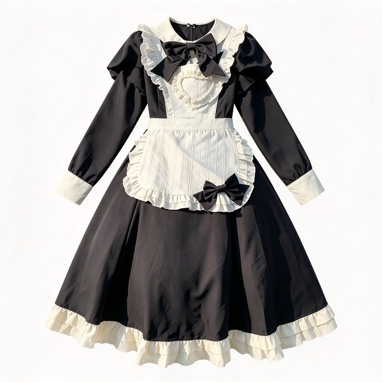 Black Cream Ruffled Maid Style Dress Vintage Lolita Long Sleeve Outfit