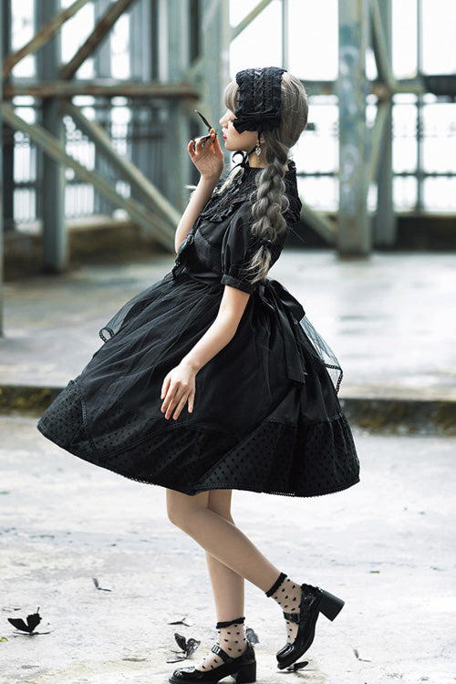 Black Elegant Round Collar Bowknot Short Sleeves High Waisted Gothic Lolita OP Dress - Product - 7