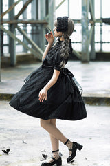 Black Elegant Round Collar Bowknot Short Sleeves High Waisted Gothic Lolita OP Dress - Product - 7