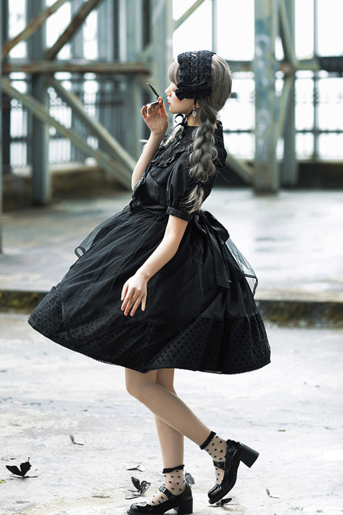 Black Elegant Round Collar Bowknot Short Sleeves High Waisted Gothic Lolita OP Dress - Product - 7