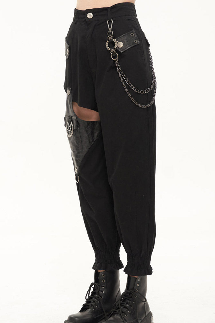 Black Punk Cutout Leather Splicing Detachable Metal Chain Women's Long Pants - Product - 4