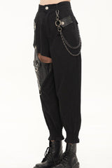 Black Punk Cutout Leather Splicing Detachable Metal Chain Women's Long Pants - Product - 4