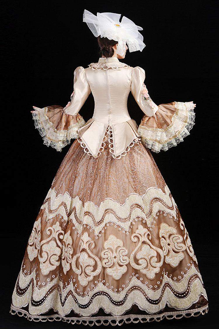 Champagne Multi-Layer Hime Sleeves High Waisted Hollow Embroidery Three-Dimensional Flower Print Victorian Lolita Prom Dress - Product - 3