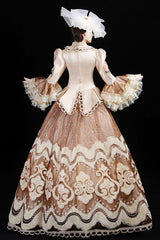 Champagne Multi-Layer Hime Sleeves High Waisted Hollow Embroidery Three-Dimensional Flower Print Victorian Lolita Prom Dress - Product - 3