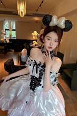 Pink [Polka Dot × Gown Coronation] Sleeveless Printed Ruffled Bow Lace-Up Princess Gorgeous Sweet Lolita Dress - Product - 7