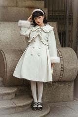 Ivory Double Breasted Bowknot Plush Long Sleeves Fake Two-Piece Woolen Lolita Coat - Product - 5
