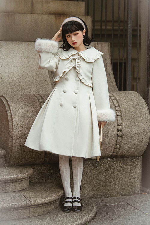 Ivory Double Breasted Bowknot Plush Long Sleeves Fake Two-Piece Woolen Lolita Coat - Product - 5