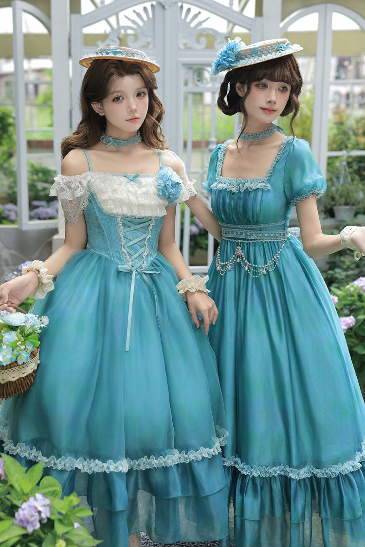 Blue/Green [Water Lily] Square Collar Ruffled Lace-Up Sweet Royal Lolita Dress 2 Versions - Product - 7
