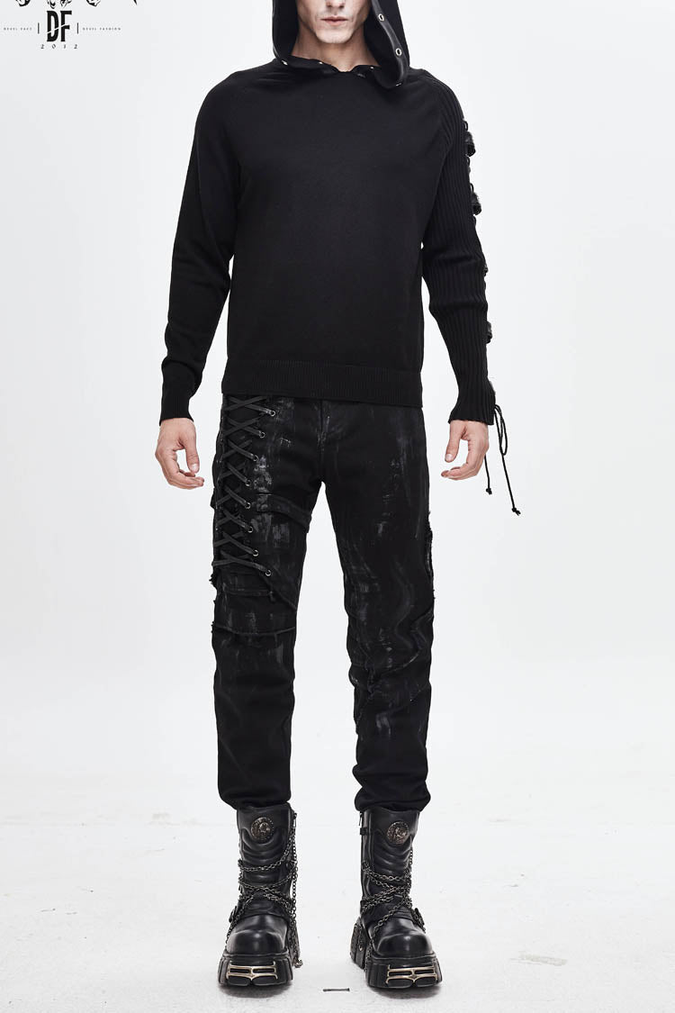 Black Asymmetrical Sleeves Leather Loop Lace-Up Hooded Men's Punk Sweater - Black - 1