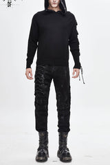 Black Asymmetrical Sleeves Leather Loop Lace-Up Hooded Men's Punk Sweater - Black - 1