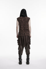 Black/Coffee  Sleeveless Spliced Lace-Up Hooded Mesh Pearl-Decorated Eyelet Men's Punk T-Shirt - Product - 3