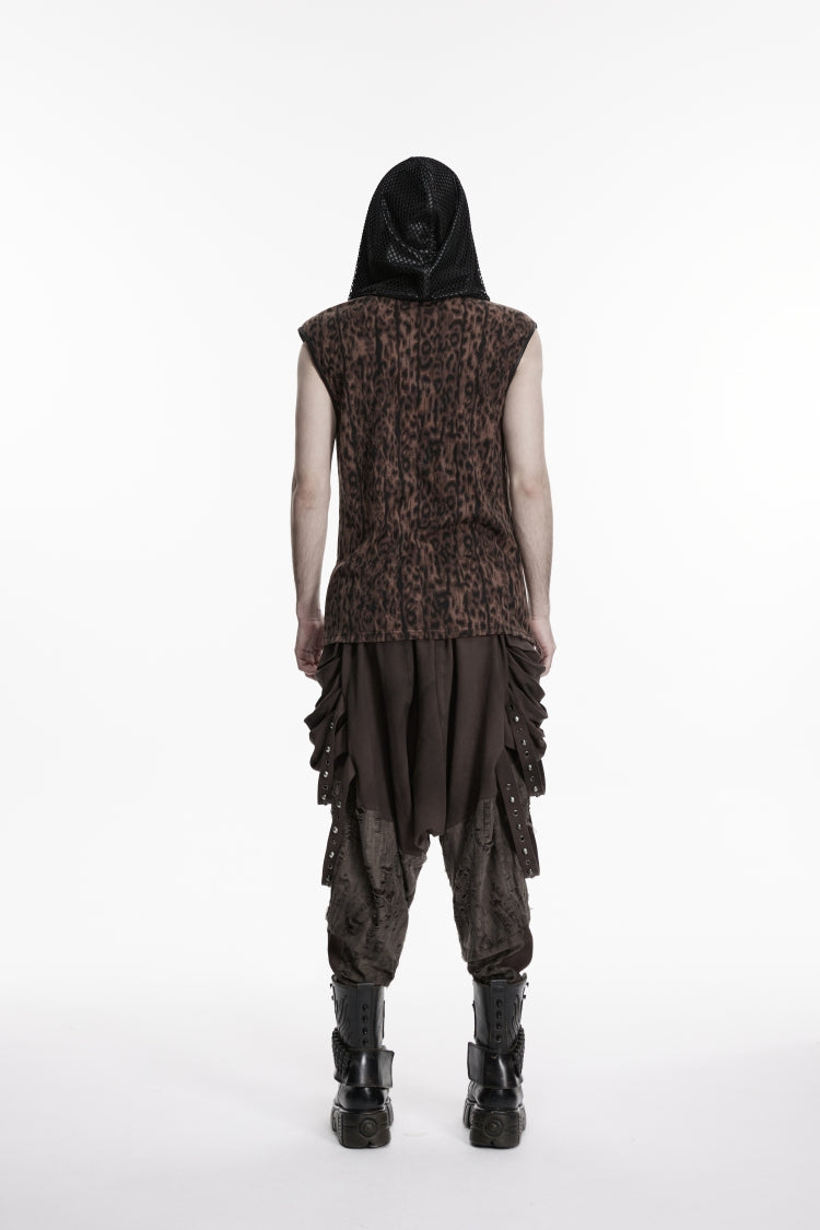 Black/Coffee  Sleeveless Spliced Lace-Up Hooded Mesh Pearl-Decorated Eyelet Men's Punk T-Shirt - Product - 3