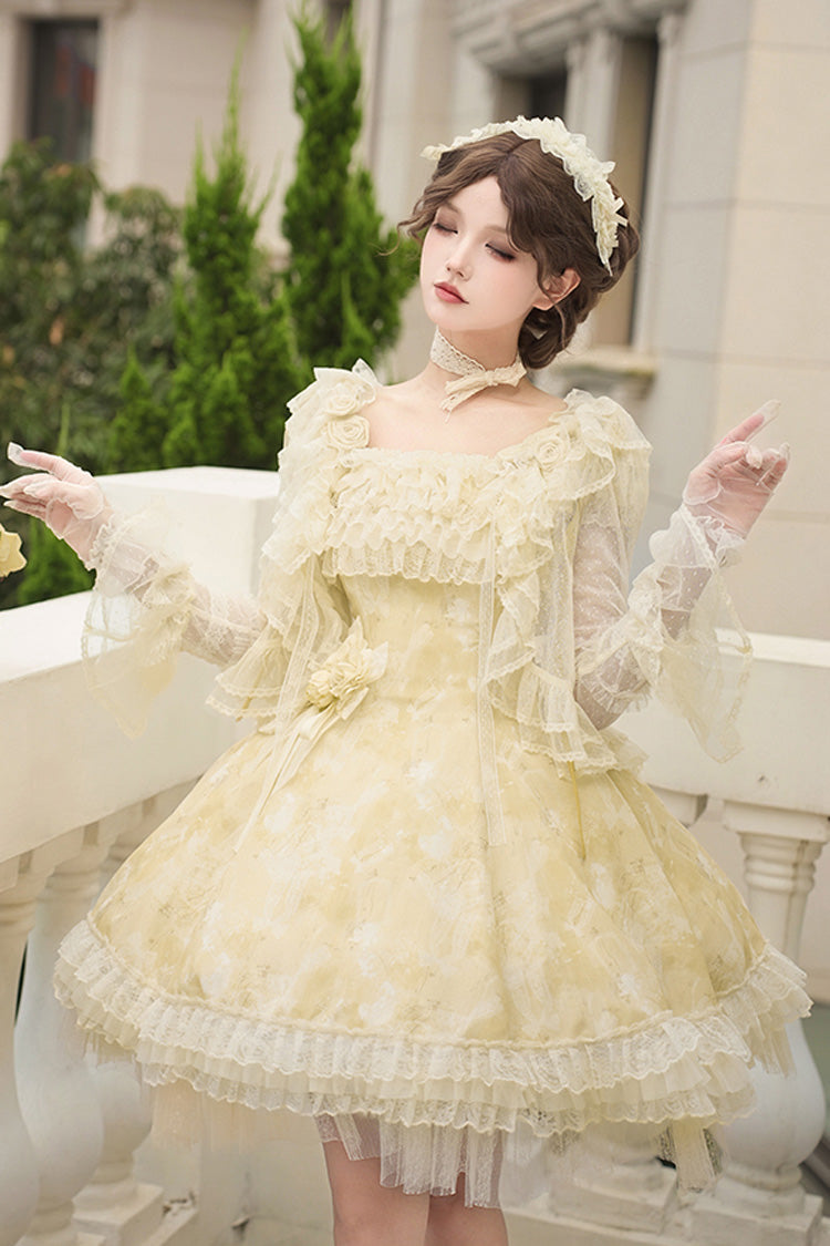Yellow [Falling Flowers as a Message] Square Collar Flying Sleeves Print Ruffle Lace Sweet Elegant Lolita Short Dress - Product - 4