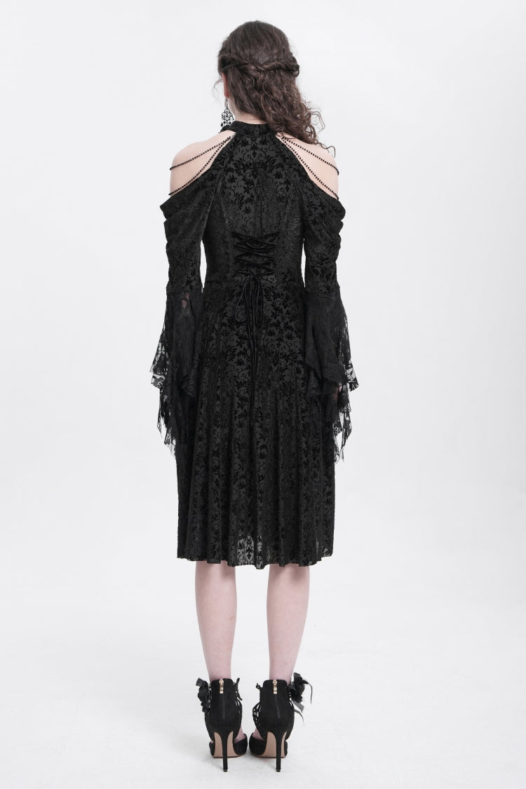 Black Off Shoulder Drawstring Jacquard Embroidery Women's Gothic Party Dress - Product - 11